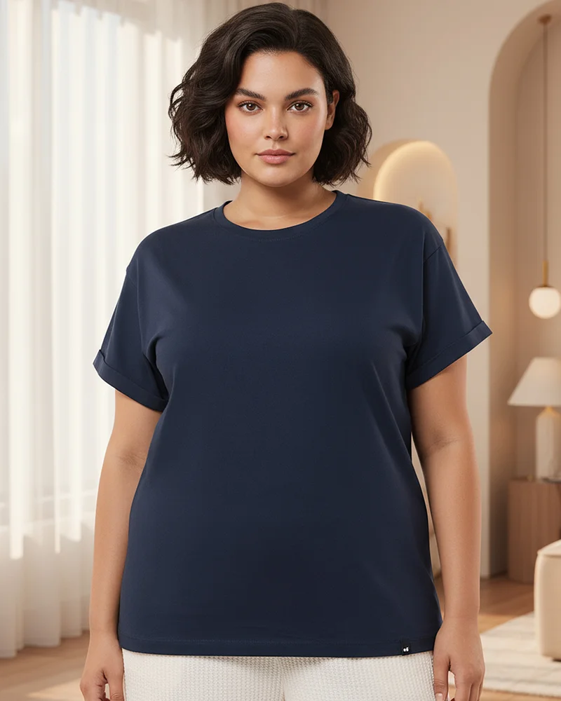 bewakoof Women's Navy Blue Boyfriend Plus Size T-shirt